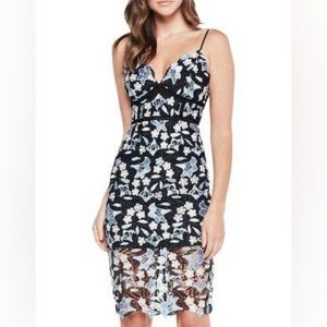 BARDOT tricolor lace floral blue midi dress bodycon size 6
